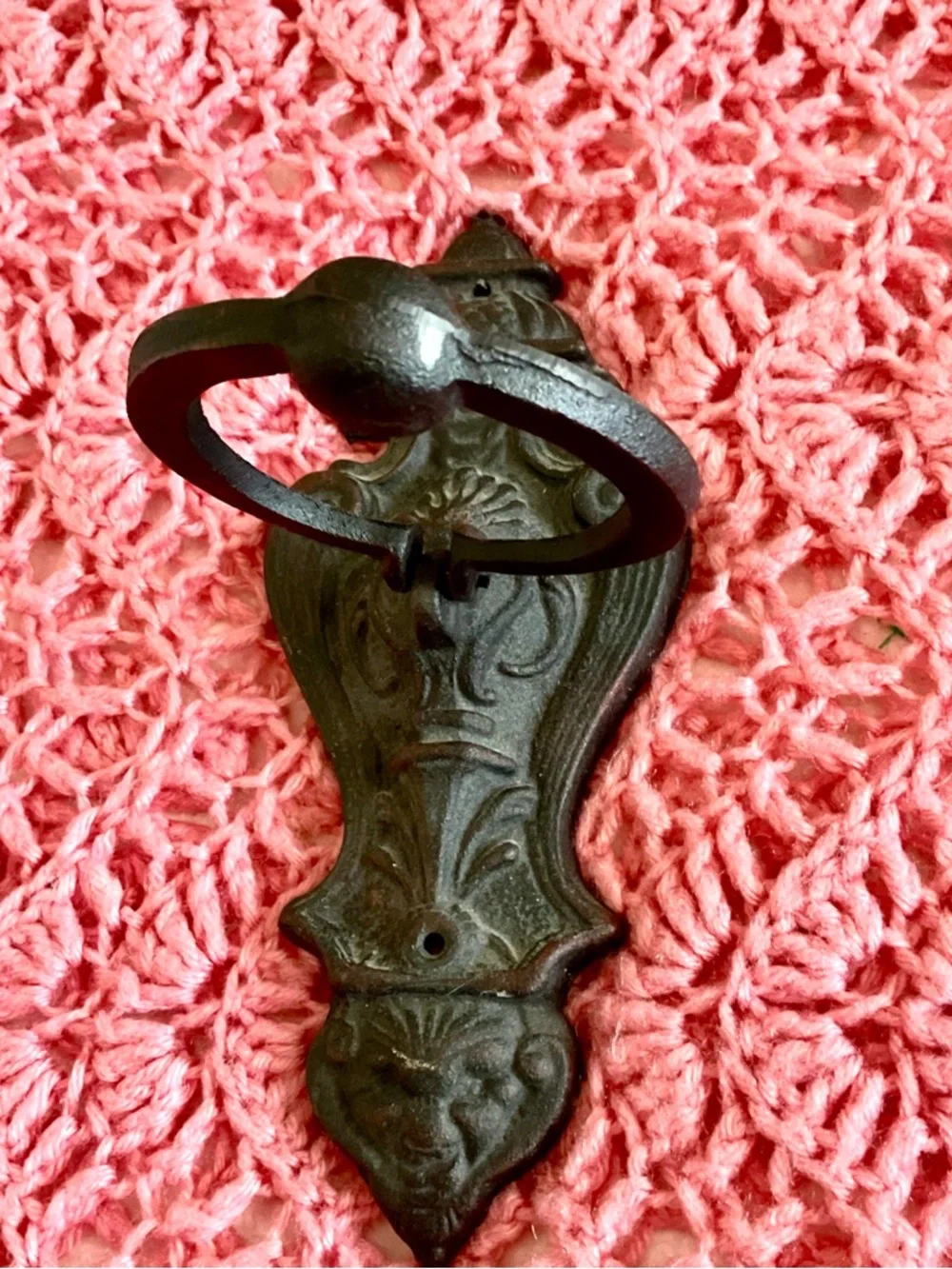 Ornate Iron Ring Door Knocker in Dark Brown